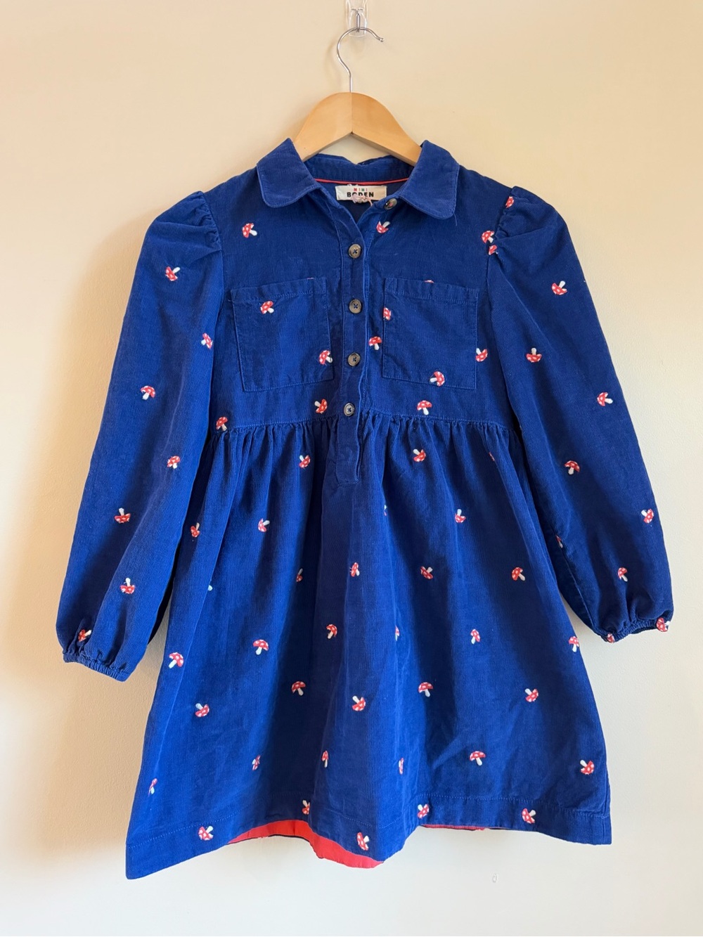 NEW Mini Boden 9-10 Y Girls Blue Embroidered Corduroy Dress Mushroom Puff Sleeve